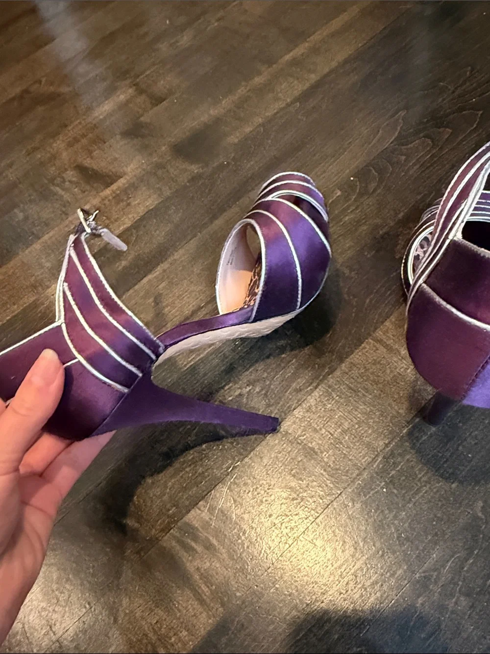 Purple Satin T-Strap High Heels by